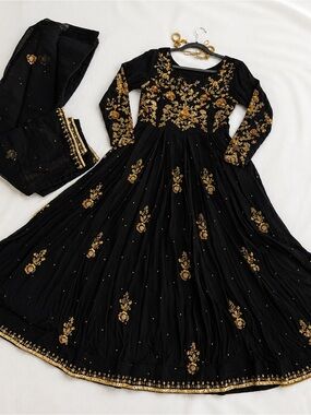 Southasian Black & Gold Embroidered Long Sleeve Anarkali Dress  - Designer